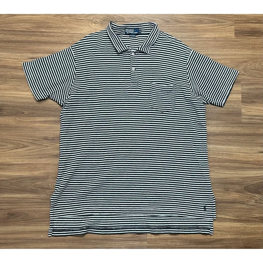 Vintage Polo Ralph Lauren Mens Black Grey Striped Textured Polo Shirt Sz XL
